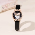 Süße Katzenohr-Uhr in Roségold für Mädchen mit römischen Ziffern und Lederarmband - Schwarz