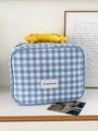 Borsa trucco a quadretti blu con manico creativo a banana giallo e stampa numerica - Quadretti Blu con Manico Digitale