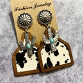 Western boho earrings with faux turquoise cactus and cowhide leather patterns on wood - Black White Cow Spotted