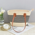 Minimalist beige woven tote bag with black stripes and brown leather shoulder straps - Zipper Style / Cream Black Striped