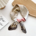 70cm square silk scarf with geometric patterns in cream, pink, and brown plaid - Grid Geometric Grey Khaki