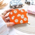 Litchi pattern faux leather coin purse featuring fresh daisy print in multiple colors - Orange
