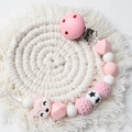 Pink and white silicone star pacifier chain with crochet beads and fox head charm - Pink