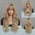 Perruque blonde longue ondulée de 24 pouces avec frange, vues de face, côté et dos - Brun Beige Noisette (MW9106-1) 24inch
