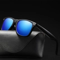 Classic polarized oversized sunglasses with blue mirrored lenses and black leather case - Men's Polarized Black Frame Blue Lens