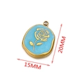 Pendentif en acier doré et émail bleu avec rose, breloque de 20mm x 15mm pour bijoux - Rose Ovale / Bleu
