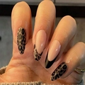 Classic French almond press-on nails with black tips and leopard animal print pattern - Leopard Print Black French Tip (AW157)
