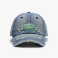 Verwaschene blaue Denim-Baseballkappe mit grüner Alfred-Stickerei im Vintage-Stil - Verstellbar / Cyanblau
