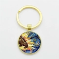 Gold-tone keychain with round glass pendant featuring Van Gogh Sunflowers and Starry Night art - Gold-Mixed Sunflowers Starry Night