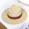 Detail shot of light beige handmade straw hat with woven texture and brown ribbon - Wheat Straw Panama Hat - Brown Buckle Ribbon