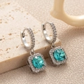 Silver square earrings with teal zircon center and diamond-studded pavé frame - Blue-Silver