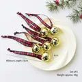 Set of 6 gold Christmas metal bells with red and green plaid ribbons for Xmas tree decor - Scottish Plaid (Large)