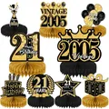 Black and gold 21st birthday honeycomb centerpieces with vintage 2005 design - Black Gold 21st Theme