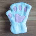 Cute light blue plush cat paw fingerless gloves with soft pink padded palm cushions - One Size / Light Blue