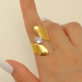 Minimalist 18K gold-plated irregular ring featuring an oval clear zircon on hand - Oval Zircon Dual Half-Circle Gold Style (1597)