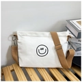 White canvas crossbody bag with black smiley face and adjustable brown strap - Smile Face Style / White
