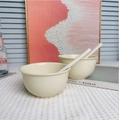 Cream ceramic dinnerware set with two round bowls and two matching long spoons - Set of 2 Bowls & 2 Spoons / Cream