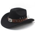 Classic black wool western cowboy hat with brown leather band and bull head ornament - M (56-58cm) / Black