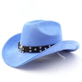 Blue faux suede cowboy hat detail featuring black leather band and silver skull ornament - M (56-58cm) / Deep Sky Blue