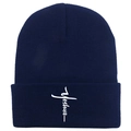 Dunkelblaue Yeshua Kreuz bestickte Strickmütze für Winterwärme und Streetstyle - Marineblau