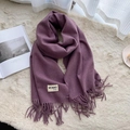 Soft purple faux cashmere scarf with fringe and beige label for winter warmth - Grape Purple