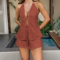Zweiteiliges Damen-Set in Rotbraun mit Neckholder-Top und Shorts für den Urlaub - S / Rostbraun