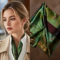 Elegant dark green silk square scarf with horse patterns and classic luxury prints - Antique-style Dark Green Square Scarf / 65