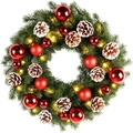 Green Christmas wreath with red ornaments, pine cones, and warm white LED string lights - 45cm PE Wreath with Balls Pinecones & LED Lights