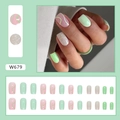 Mint green square press-on nails with wavy patterns, glitter finish, and resin ring set - W679 Green Stripes (W679)