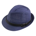 Chapeau fedora en paille bleu foncé respirant avec bande en cuir noir et boucle - 58cm (Ajustable) / Bleu marine