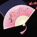Pink gradient silk folding fan with plum blossom pattern and bamboo ribs for Hanfu - No.37 Face like Peach Blossom