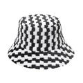 Classic black and white checkered fuzzy bucket hat for autumn and winter casual wear - Black