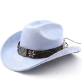 Close-up of light blue suede cowboy hat with eagle metal buckle and floral studs - M (56-58cm) / Light Sky Blue