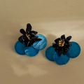 Klein blue floral tassel earrings with matte black beads and elegant gold accents - Silver Earring Post-Blue