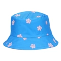 Cappello da pescatore blu con motivi floreali viola e faccine su uno sfondo bianco - Blu