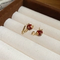 Macro shot of 18k gold plated star and red apple studs with love script details - Apple Letter Style / Red