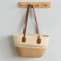 Zomerse geweven draagtas met bruine leren handvatten en contrasterende golftextuur - Beige Khaki Patchwork
