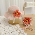 Set cappello di paglia rosa per bambina e borsa con margherita arancione e pizzo bianco - 52cm 3-6 Anni / Set Cappello di Paglia e Borsa / Rosa
