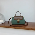 Retro olive green and brown leather handbag with gold buckle and stylish top handle - Green