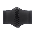 Close-up of black wide corset belt featuring lace-up metal eyelets and elastic band - Palace Lace-up Style