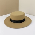 Classic camel wool felt flat top hat with black ribbon band for autumn winter style - Adjustable M (56-58cm) / Camel