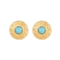 Boucles d'oreilles vintage dorées avec incrustations de turquoise et détails gaufrés - E1483 Clous à Disque Rétro Turquoise