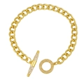 Golden Cuban chain bracelet featuring a sparkling zircon pavé OT buckle on white background - Toggle Clasp Style