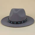 Detailed view of gray wool fedora hat with turquoise gemstone and silver studs decoration - M (56-58cm) / Gray