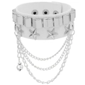 Detail of white PU leather punk bracelet with silver studs, chains and heart pendant - White Chain