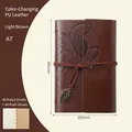 Vintage A7 leaf embossed leather binder notebook in brown with metal leaf charm - Lined / Tan / A7