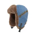 Colbacco in denim blu con fodera in ecopelliccia marrone e bottoni vintage incisi - Blu