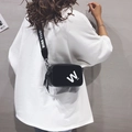 Glossy black patent leather crossbody square bag with wide branded strap and W letter detail - Black
