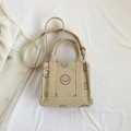 Beige corduroy mini tote bag met zwarte smiley print en verstelbare schouderriem - Zwarte Smiley Face