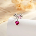 Pink heart pendant earring with silver bow design and red gemstone accents - Heart Bow (Single Piece)